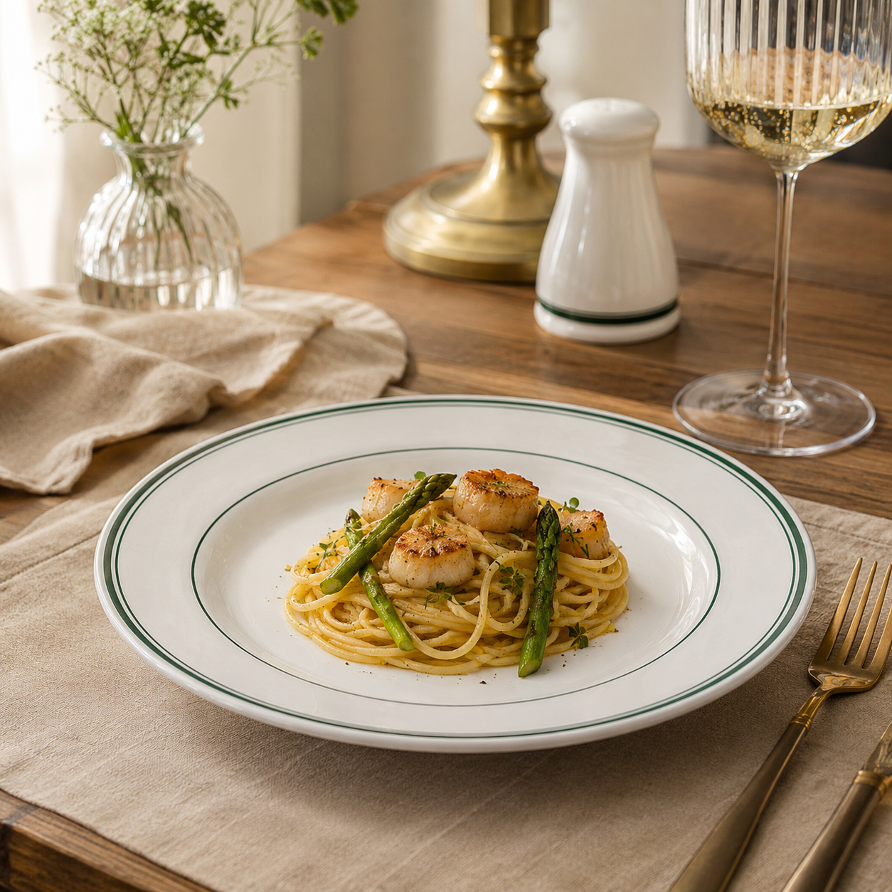 Green Double-Line Round Ceramic Dinner Plate
