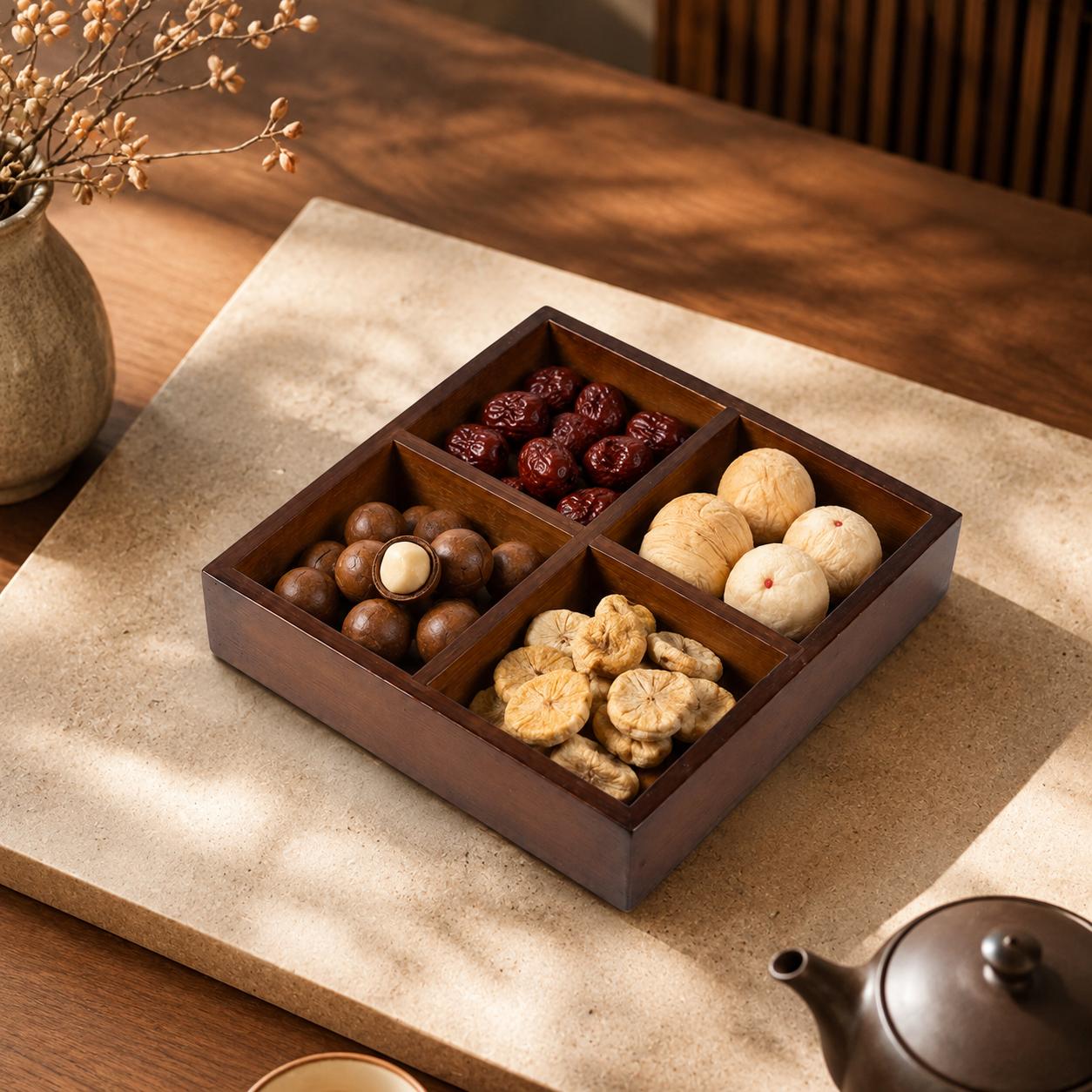 Four-Grid Walnut Wood Serving Tray