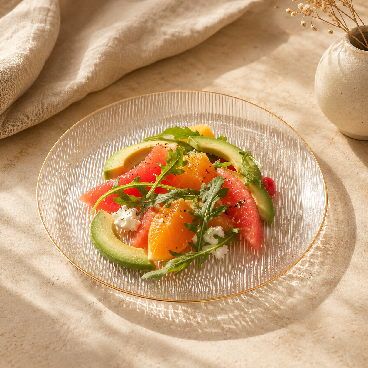 Gold Rim Horizontal Texture Glass Fruit Plate