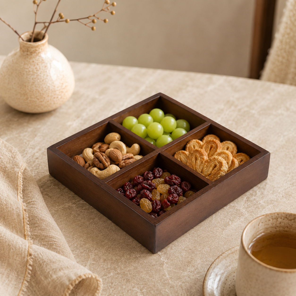Four-Grid Walnut Wood Serving Tray