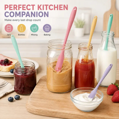 4 Piece Silicone Jar Scraper Spatula Set, Food Grade Long Handle Skinny Spatulas for Jars, Bottles, Mixing Bowls & Containers, Nonstick Heat Resistant Kitchen Gadgets, Kitchenware