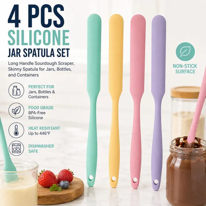 4 Piece Silicone Jar Scraper Spatula Set, Food Grade Long Handle Skinny Spatulas for Jars, Bottles, Mixing Bowls & Containers, Nonstick Heat Resistant Kitchen Gadgets, Kitchenware