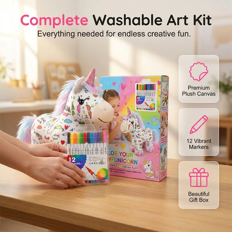 🦄50% OFF NOW ! ✨DIY Washable Coloring Unicorn Plush Kit – Reusable Colour-In Stuffed Toy with 12 Markers, Kids Creative Art Craft Set, Perfect Birthday & Holiday Gift