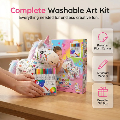 🦄50% OFF NOW ! ✨DIY Washable Coloring Unicorn Plush Kit – Reusable Colour-In Stuffed Toy with 12 Markers, Kids Creative Art Craft Set, Perfect Birthday & Holiday Gift