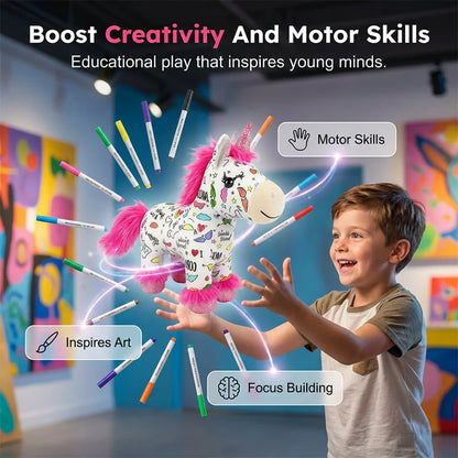🦄50% OFF NOW ! ✨DIY Washable Coloring Unicorn Plush Kit – Reusable Colour-In Stuffed Toy with 12 Markers, Kids Creative Art Craft Set, Perfect Birthday & Holiday Gift