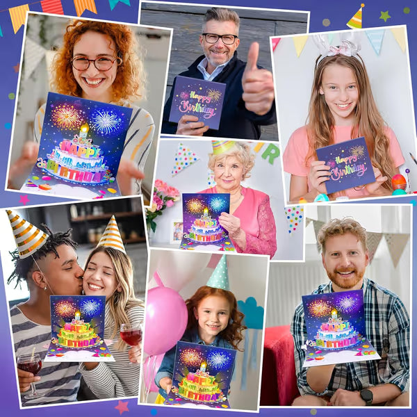 🎂Birthday Cards With Fireworks & Pop Up Cake & Blowable Light and Music