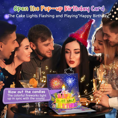 🎂Birthday Cards With Fireworks & Pop Up Cake & Blowable Light and Music