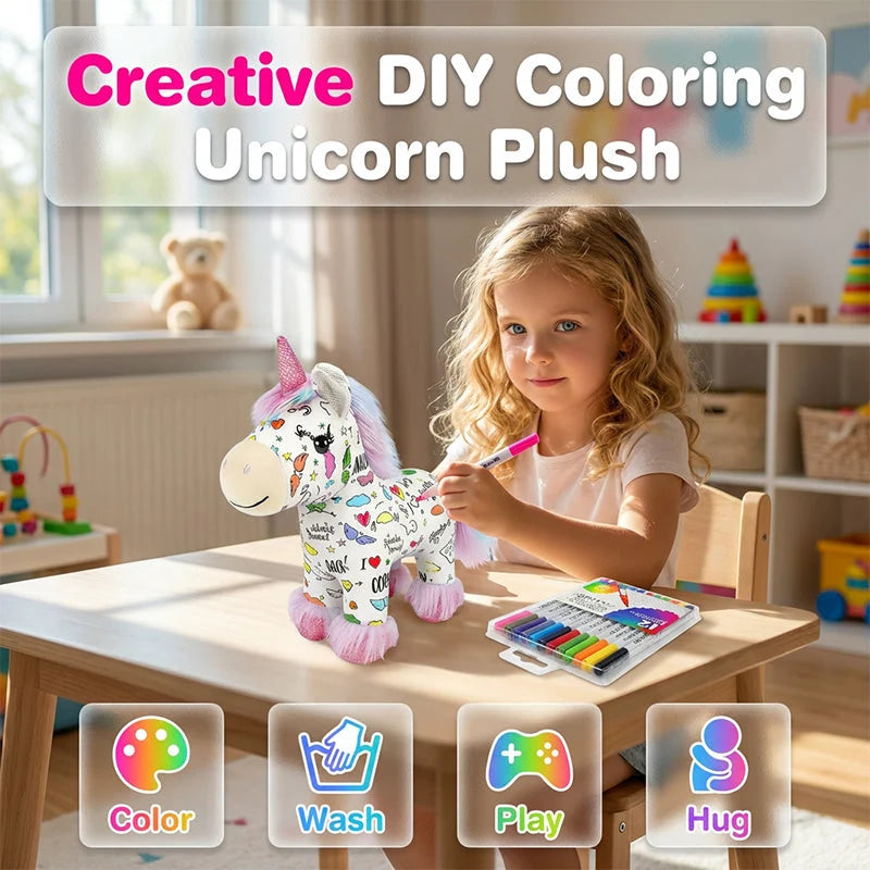 🦄50% OFF NOW ! ✨DIY Washable Coloring Unicorn Plush Kit – Reusable Colour-In Stuffed Toy with 12 Markers, Kids Creative Art Craft Set, Perfect Birthday & Holiday Gift