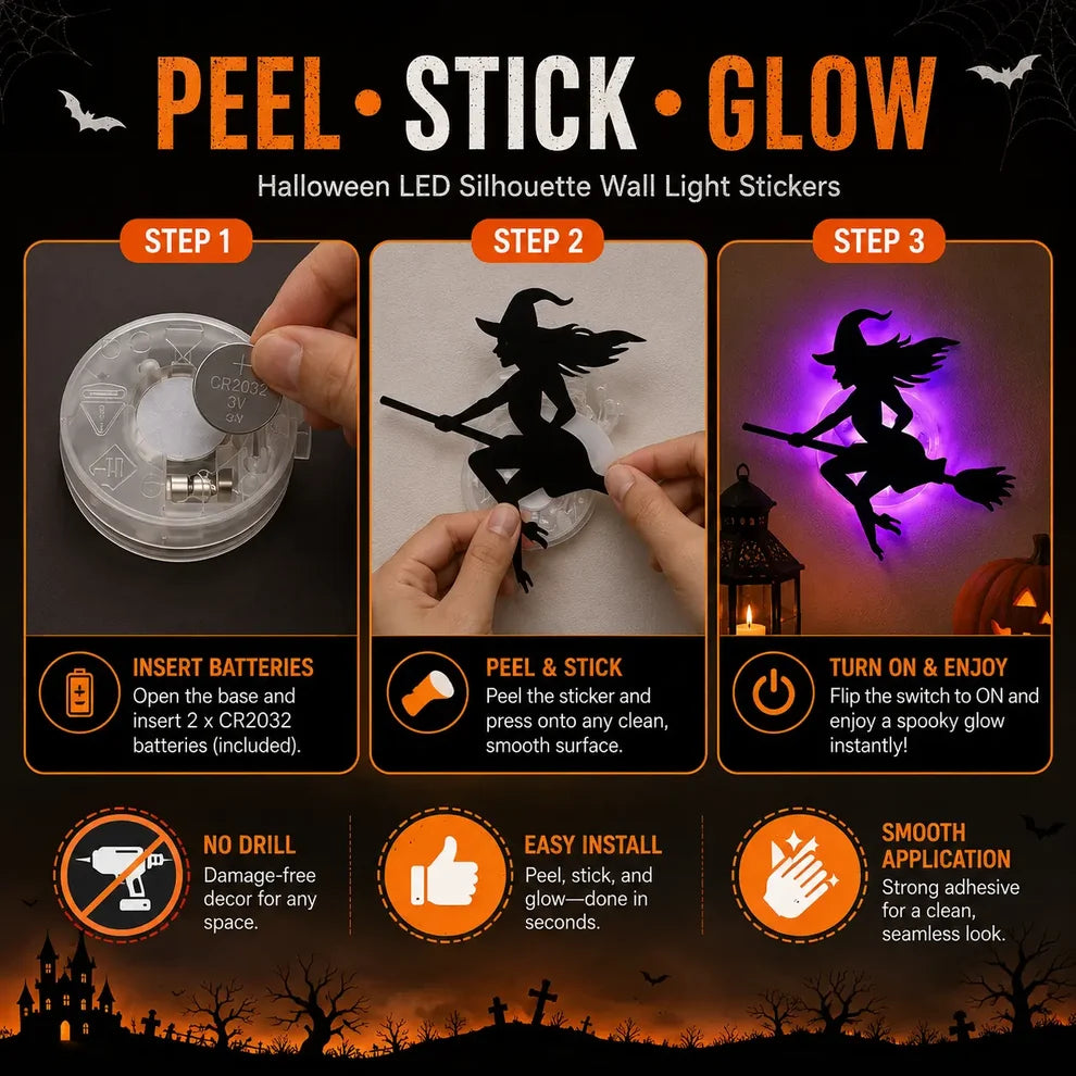 Halloween LED Silhouette Wall Light Stickers,Battery Powered Peel & Stick Decor Lights🎃