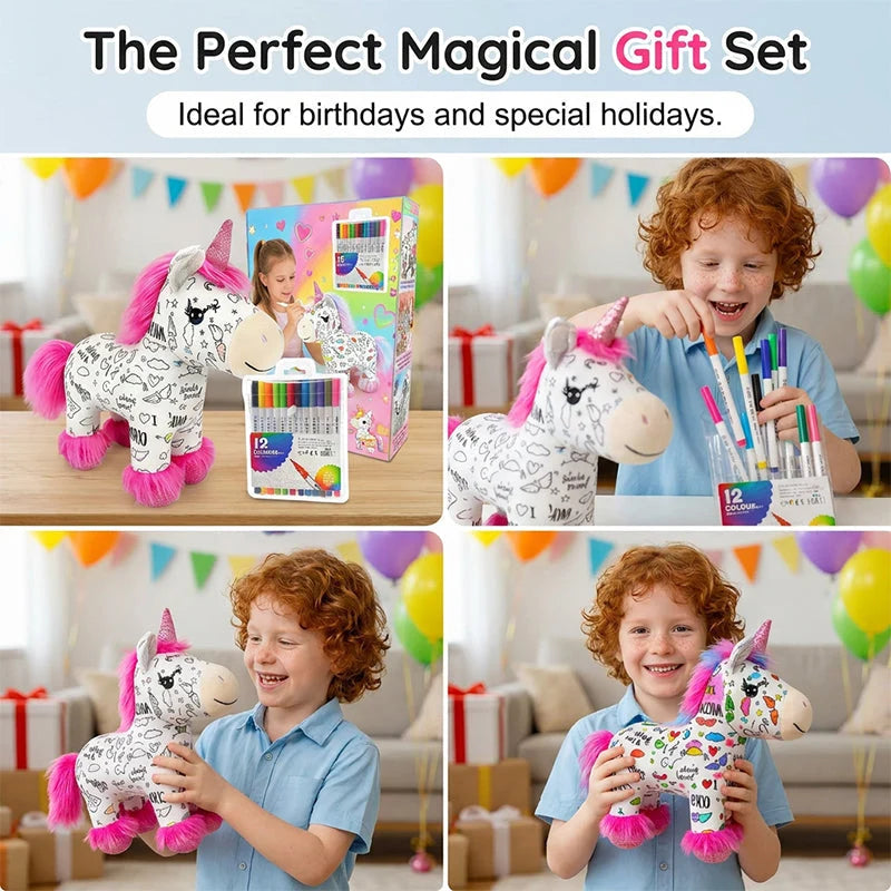 🦄50% OFF NOW ! ✨DIY Washable Coloring Unicorn Plush Kit – Reusable Colour-In Stuffed Toy with 12 Markers, Kids Creative Art Craft Set, Perfect Birthday & Holiday Gift