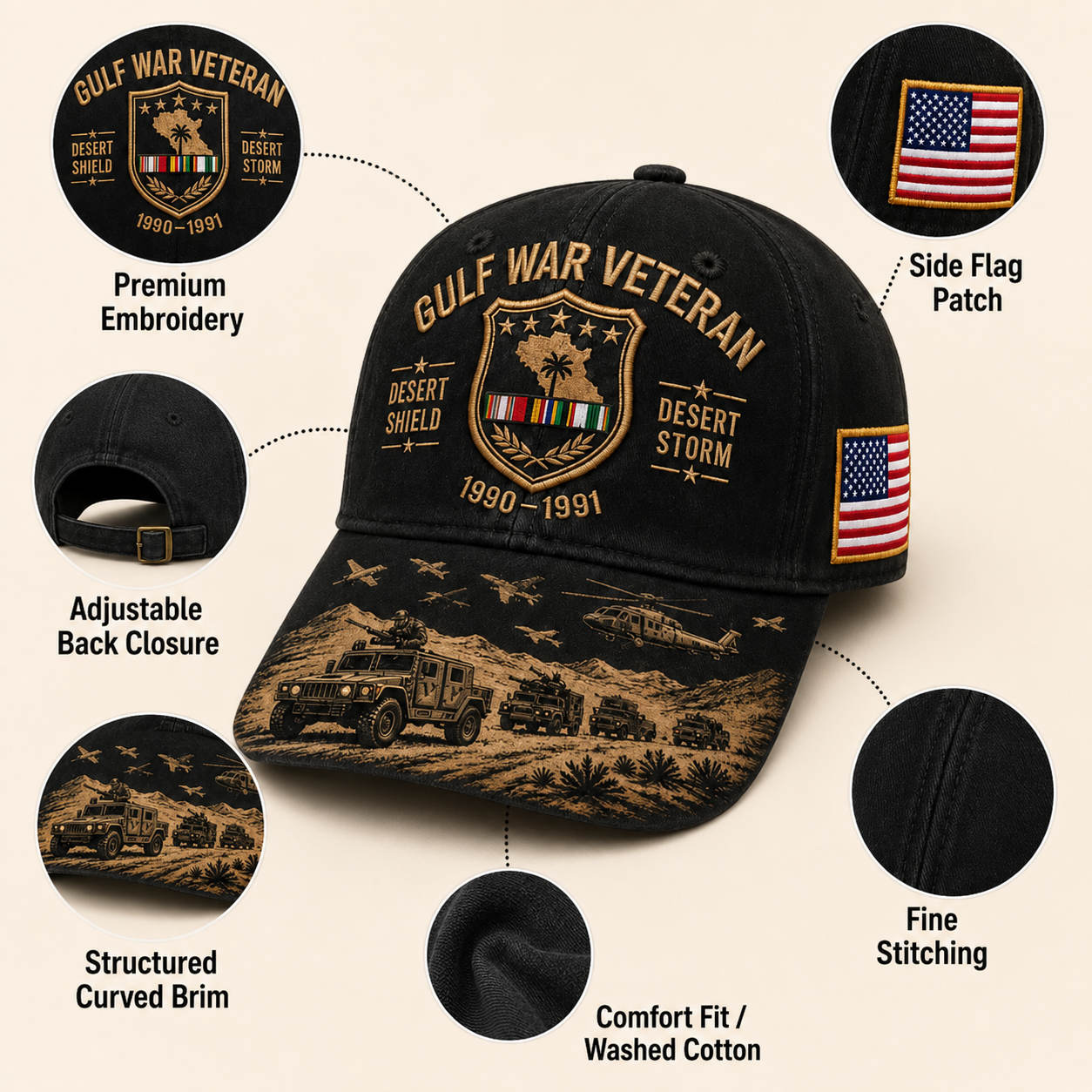 🏆Last Day Promo: 45% OFF!🏜️ Proud Gulf War Veteran Cap | 1990-1991 Desert Shield & Desert Storm Commemorative Hat 🇺🇸