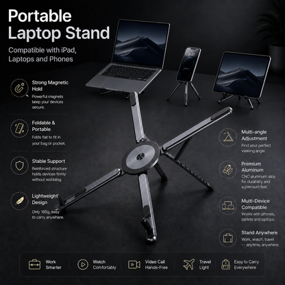 🔥Limited Time 49% OFF | Portable Travel Tablet/Phone/Laptop Stand, Adjustable Laptop Riser for Desk, Foldable Magnetic Phone Holder, Compatible with iPad, MacBook, iPhone (4.7-15.6'')