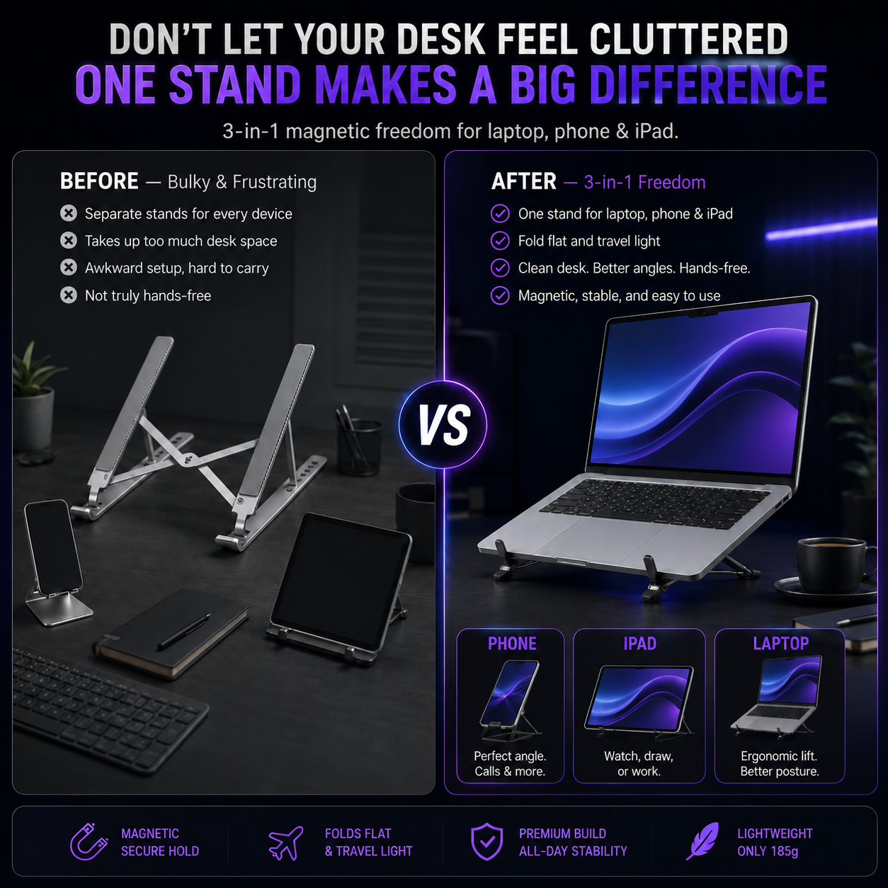 🔥Limited Time 49% OFF | Portable Travel Tablet/Phone/Laptop Stand, Adjustable Laptop Riser for Desk, Foldable Magnetic Phone Holder, Compatible with iPad, MacBook, iPhone (4.7-15.6'')