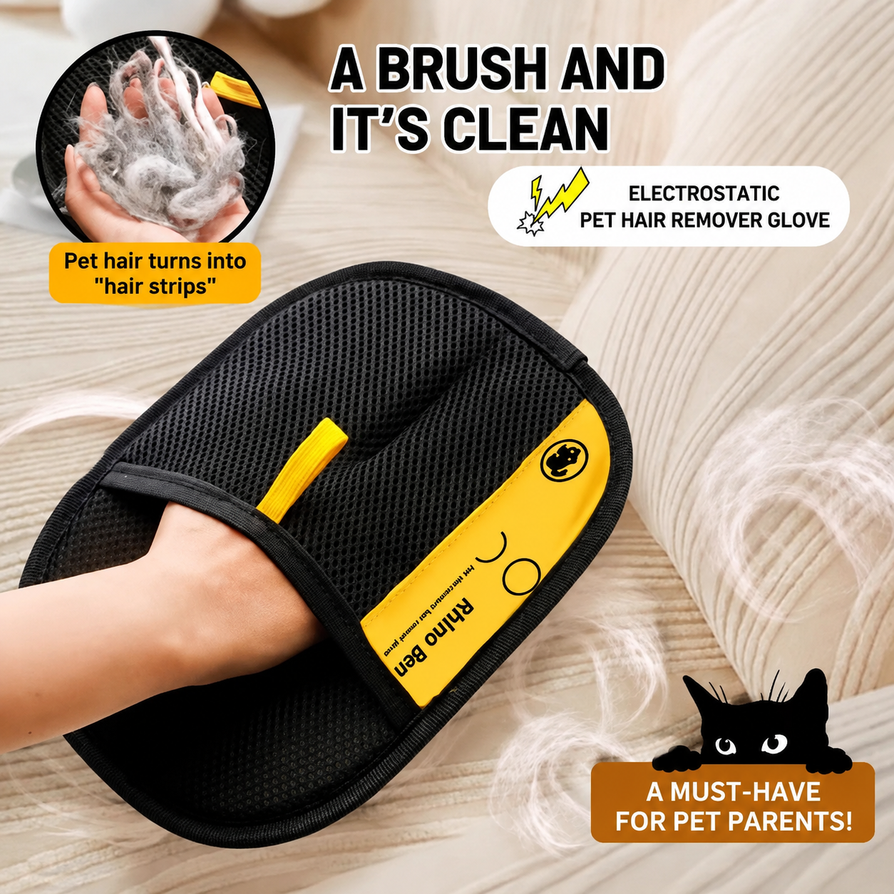 ⚡50K+ Sold🔥Say Goodbye to Pet Hair! Rhino Ben Reusable Pet Hair Remover Mitt - Cleans in Seconds!