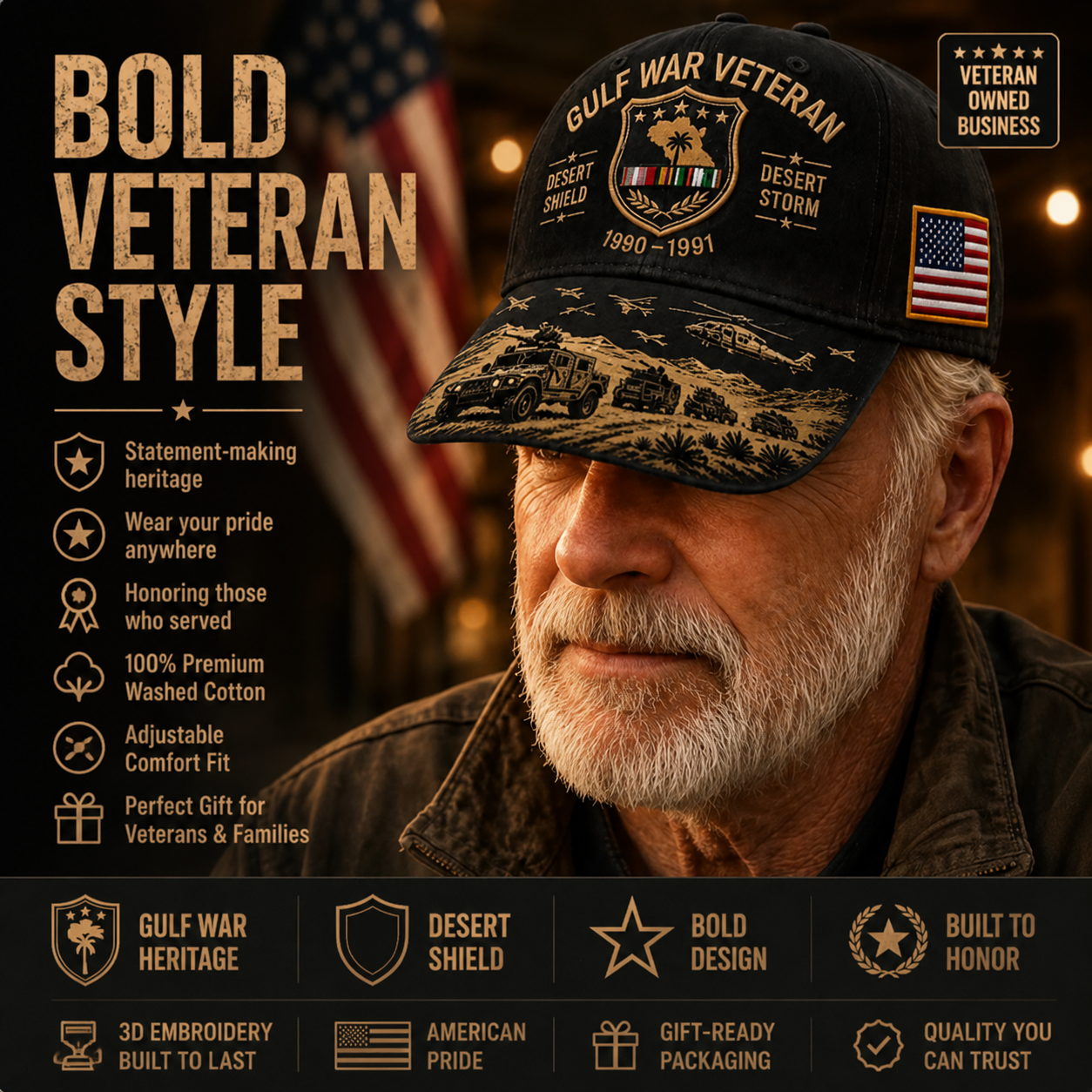 🏆Last Day Promo: 45% OFF!🏜️ Proud Gulf War Veteran Cap | 1990-1991 Desert Shield & Desert Storm Commemorative Hat 🇺🇸
