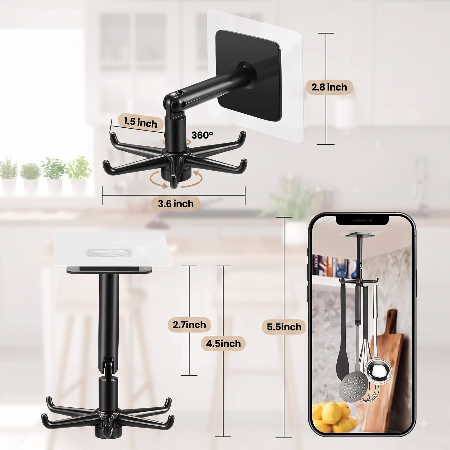 💛Limited Time 50% OFF | 360 Self-Adhesive Rotating Kitchen Hooks